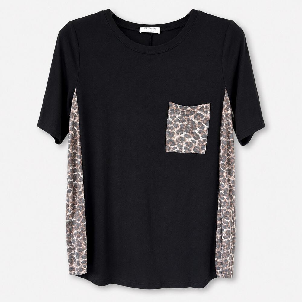 Zenana Women’s Large Black Leopard Pocket Tunic Top Soft Stretch Tee